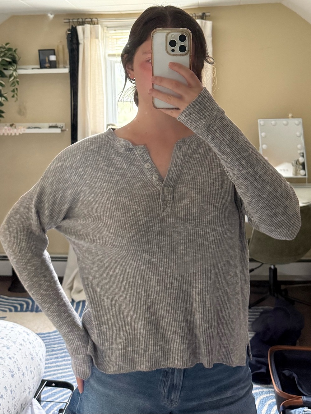 American Eagle Outfitters Gray Ribbed Henley Top